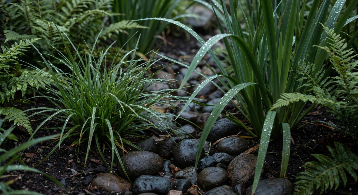 Detalle macro de drenaje urbano con vegetación (bioswale), estética editorial