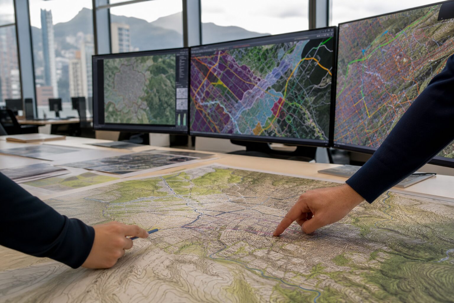 Mesa de trabajo de planificación con cartografía impresa y monitores con capas SIG de una ciudad andina
