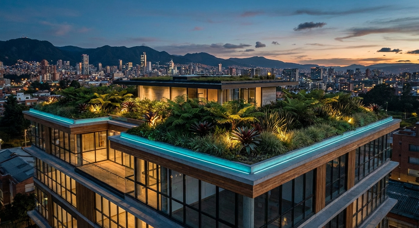 Arquitectura con cubierta verde, estética editorial