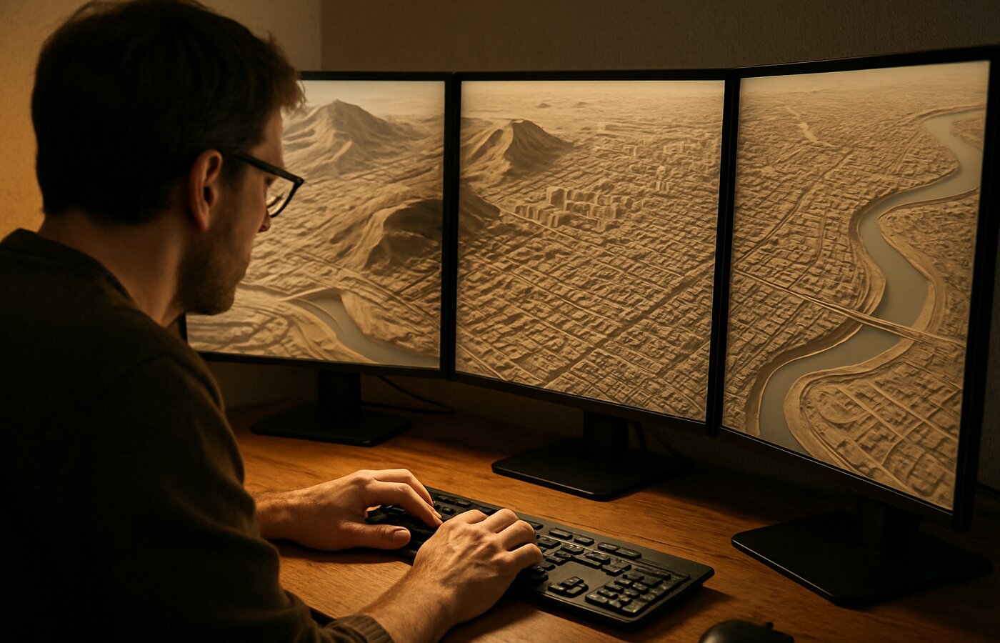 Cartógrafo trabajando en visualización 3D urbana