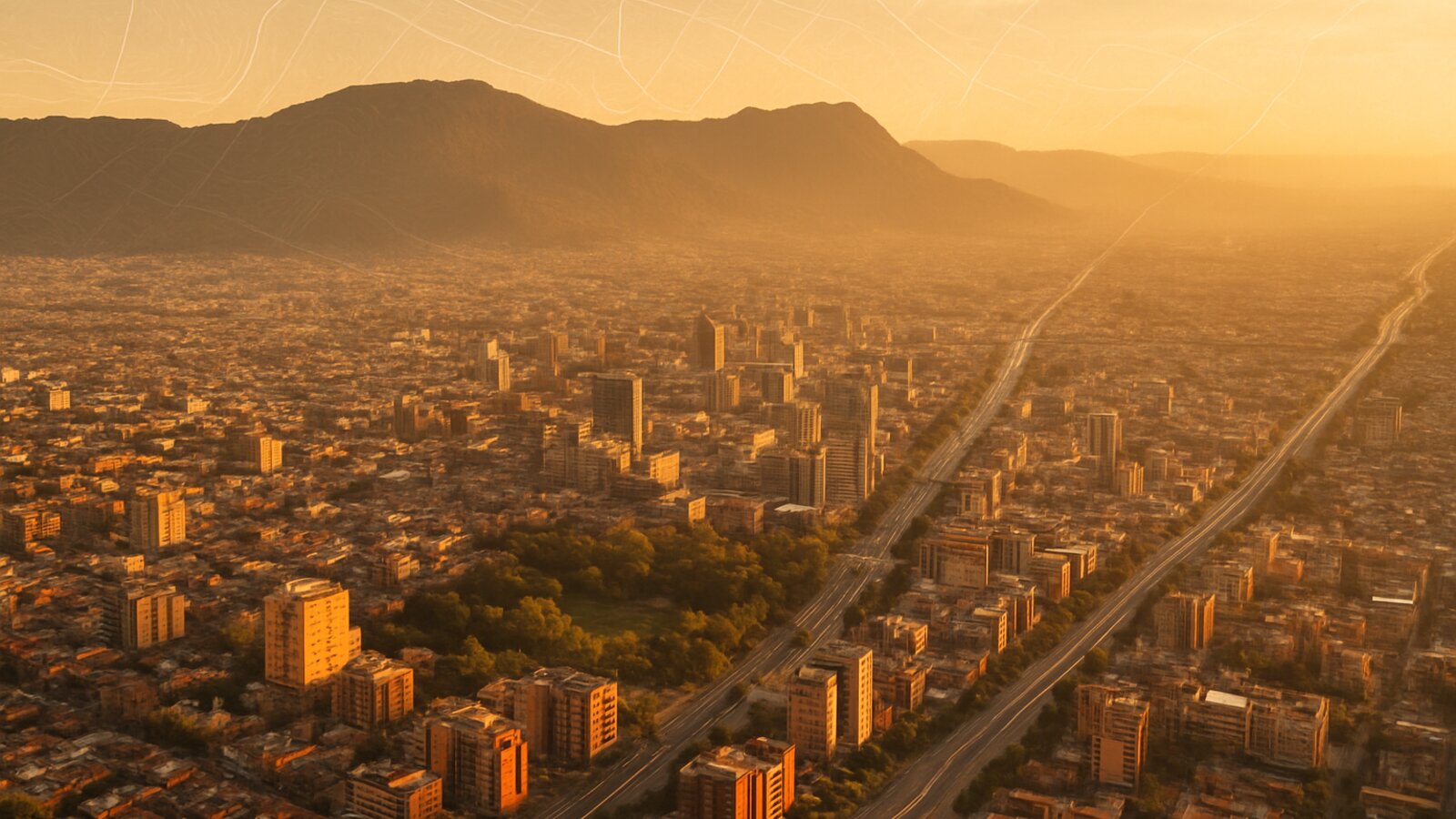 Vista aérea de Bogotá con superposición cartográfica vectorial al atardecer
