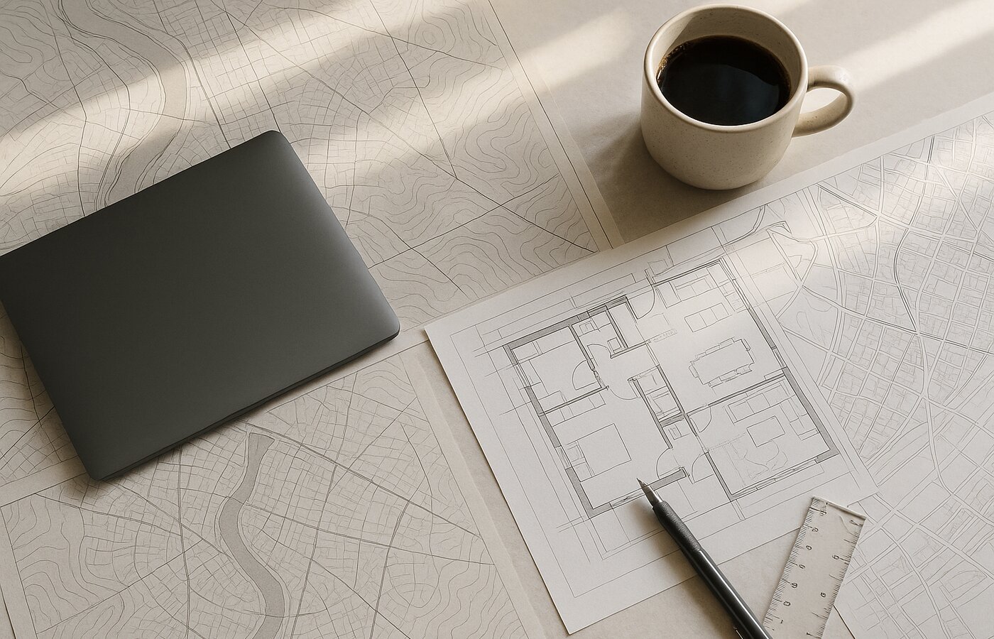 Mesa de planificación urbana con planos físicos y portátil con datos SIG